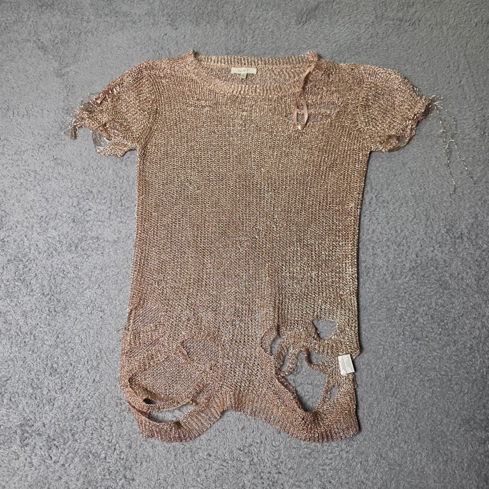 Love J Womens Small Knit Top Rose Gold Distressed Metallic Short Sleeve TA81773